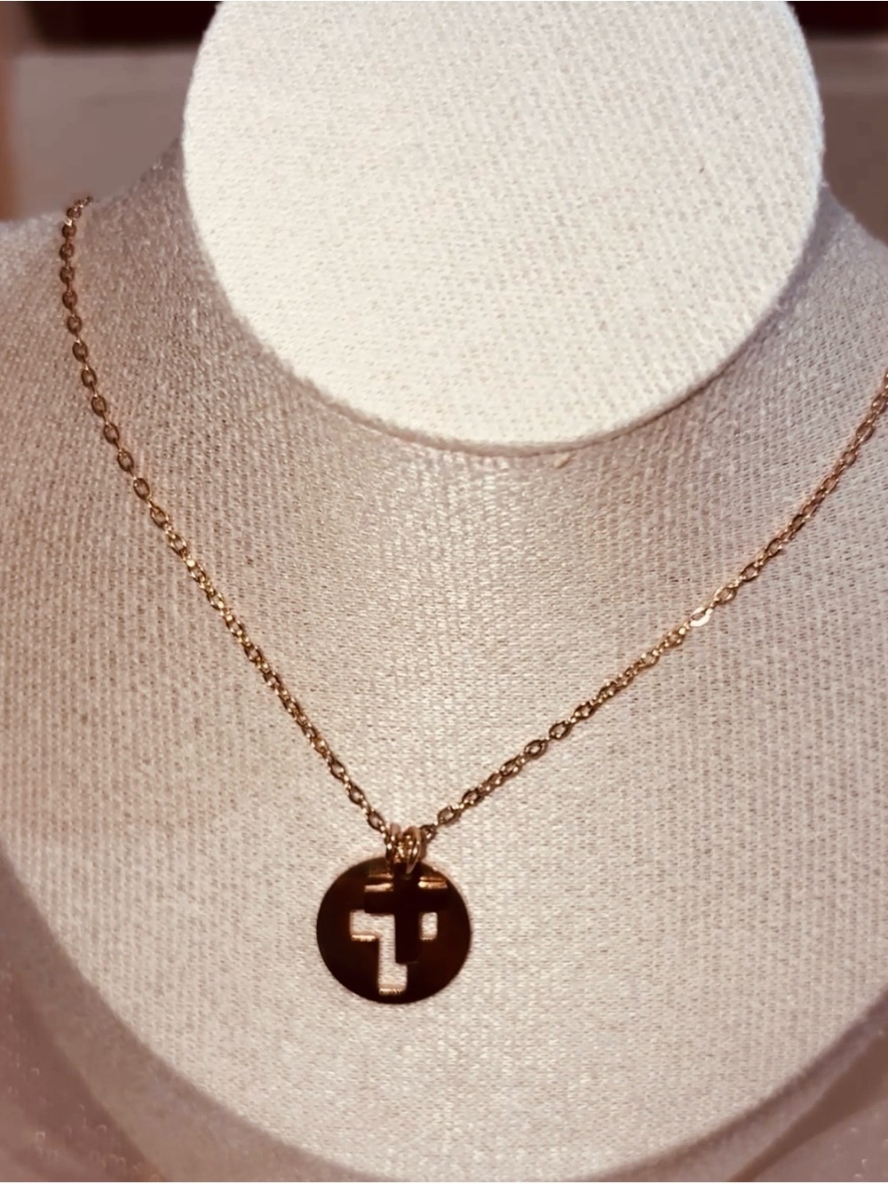 Gold Disc Pendant Necklace with Cutout Cross